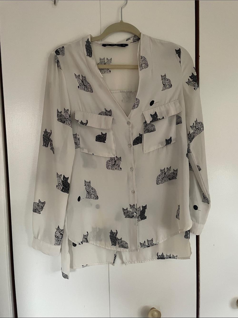 Zara Basic Cream Top with Black Cat Motif